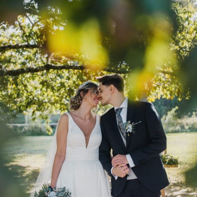 Ein Brautpaar nach der Hochzeit in Dänemark, stehend unter einem Baum und liebevoll lächelnd im Sonnenlicht.